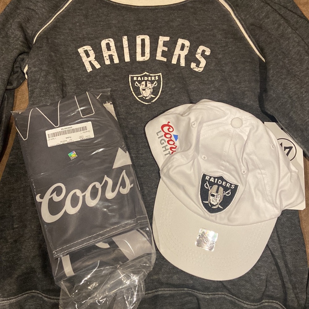 Las Vegas Raiders Bundle:Raider Sweatshirt-L;Coors/Raider Flag; Coors Raider Hat
